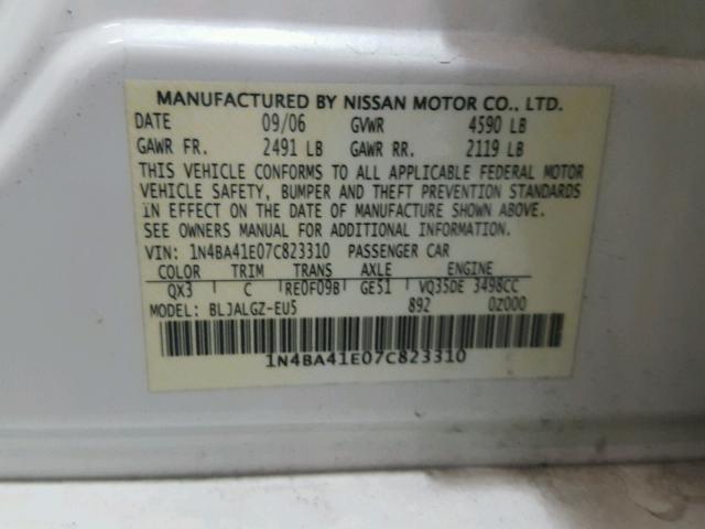 1N4BA41E07C823310 - 2007 NISSAN MAXIMA SE WHITE photo 10