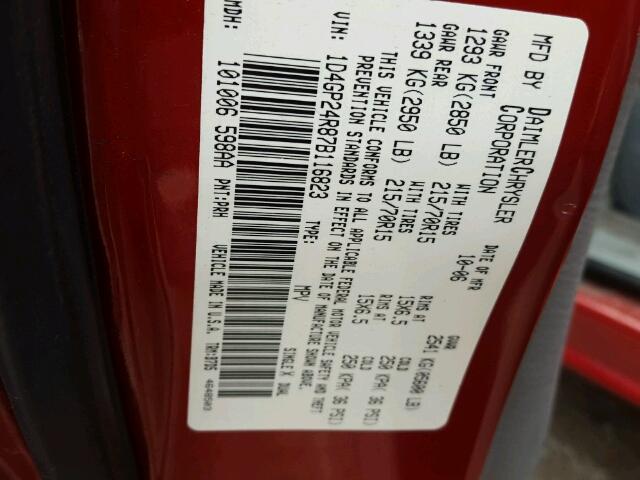 1D4GP24R87B116823 - 2007 DODGE GRAND CARA RED photo 10