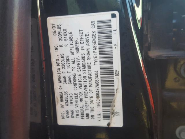 1HGCM66497A080404 - 2007 HONDA ACCORD SE BLACK photo 10