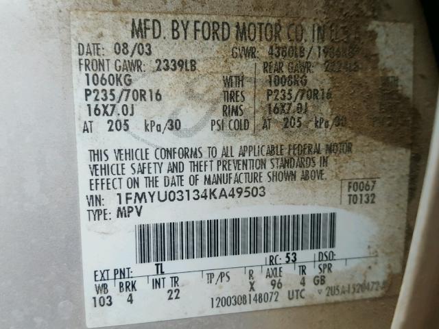 1FMYU03134KA49503 - 2004 FORD ESCAPE XLT BLUE photo 10