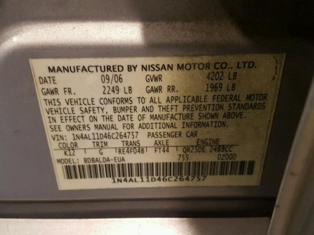 1N4AL11D46C264757 - 2006 NISSAN ALTIMA S SILVER photo 10