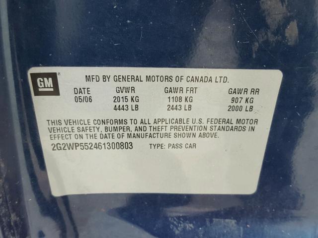 2G2WP552461300803 - 2006 PONTIAC GRAND PRIX Կապույտ լուսանկար 10