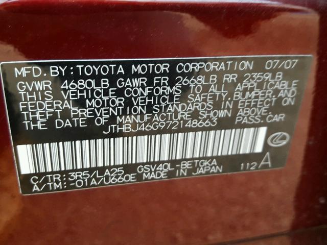 JTHBJ46G972148663 - 2007 LEXUS ES 350 MAROON photo 10