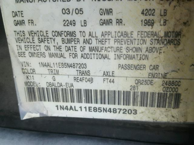 1N4AL11E85N487203 - 2005 NISSAN ALTIMA S CHARCOAL photo 10