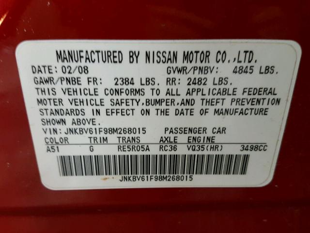 JNKBV61F98M268015 - 2008 INFINITI G35 RED photo 10