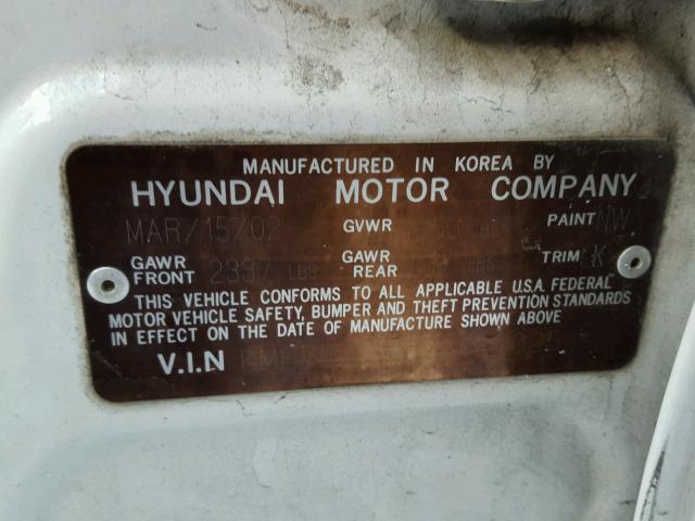 KMHWF35H32A647025 - 2002 HYUNDAI SONATA GLS WHITE photo 10