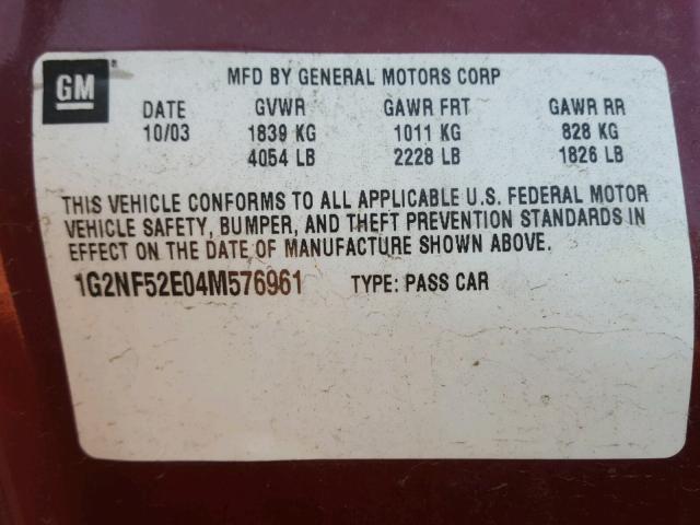 1G2NF52E04M576961 - 2004 PONTIAC GRAND AM S 红色 照片 10