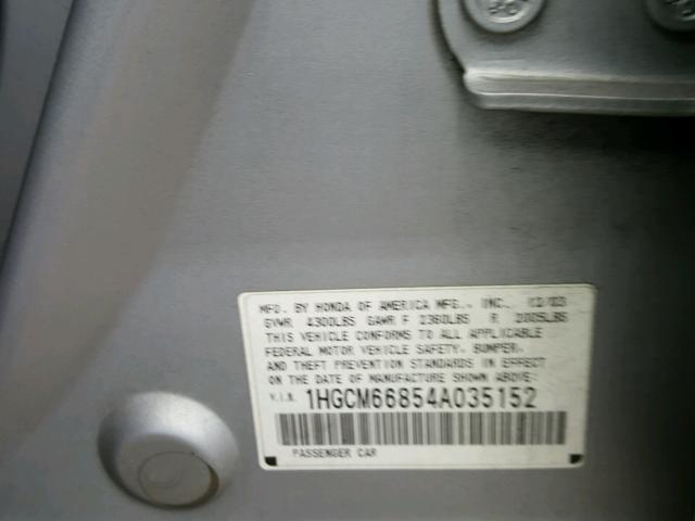 1HGCM66854A035152 - 2004 HONDA ACCORD EX SILVER photo 10