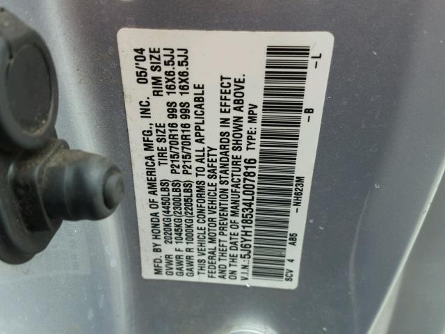 5J6YH18534L007816 - 2004 HONDA ELEMENT EX SILVER photo 10