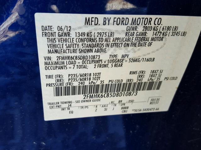2FMHK6C85DBD10873 - 2013 FORD FLEX SEL ლურჯი ფოტო 10