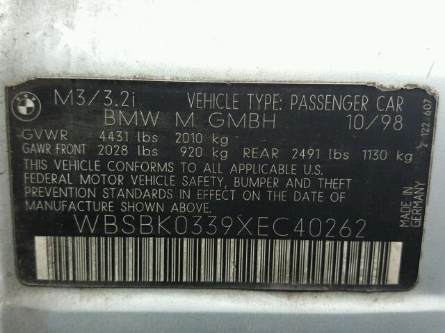 WBSBK0339XEC40262 - 1999 BMW M3 AUTOMAT SILVER photo 10
