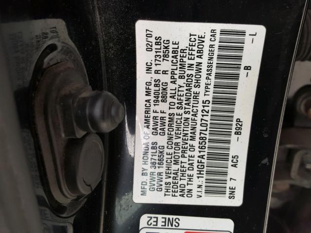 1HGFA16587L071215 - 2007 HONDA CIVIC LX BLACK photo 10