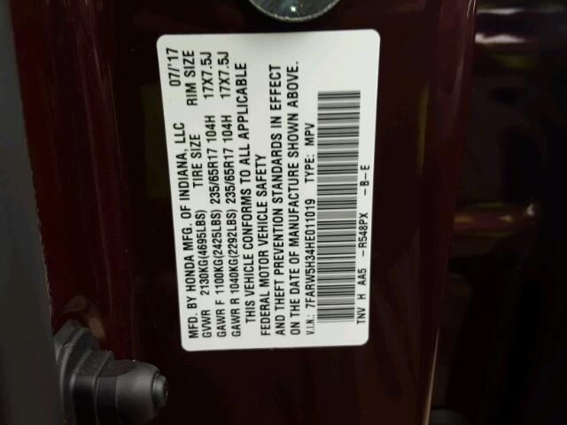 7FARW5H34HE011019 - 2017 HONDA CR-V LX MAROON photo 10