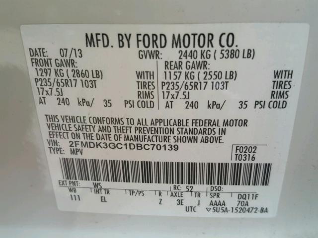 2FMDK3GC1DBC70139 - 2013 FORD EDGE SE WHITE photo 10