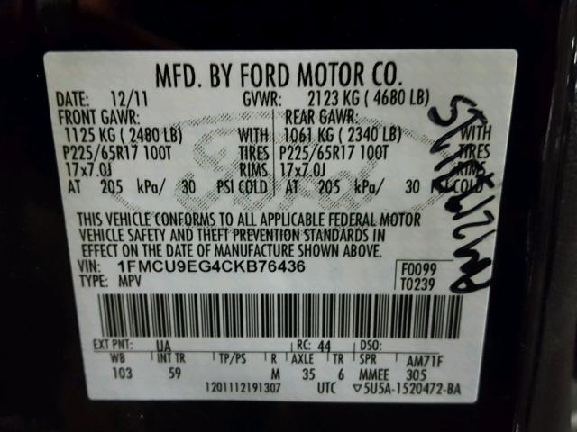 1FMCU9EG4CKB76436 - 2012 FORD ESCAPE LIM BLACK photo 10