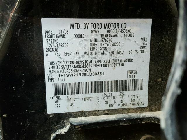 1FTSW21R28ED30351 - 2008 FORD F250 SUPER BLACK photo 10