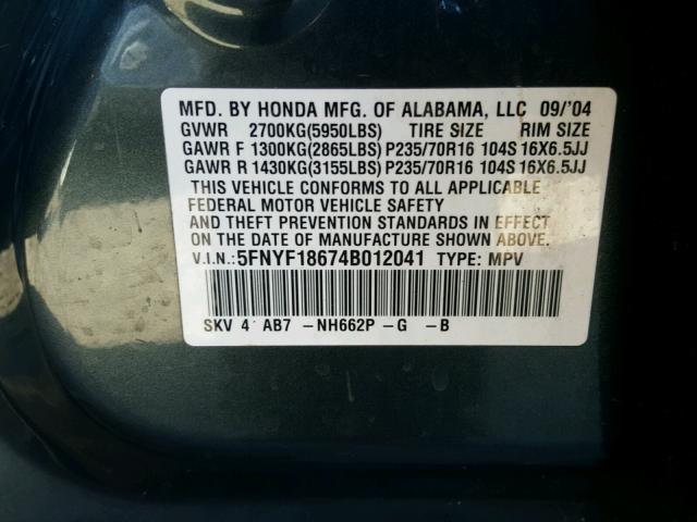 5FNYF18674B012041 - 2004 HONDA PILOT EXL GRAY photo 10