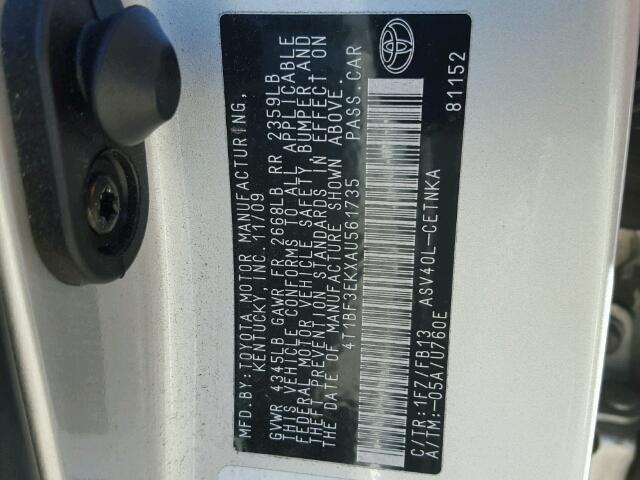 4T1BF3EKXAU561735 - 2010 TOYOTA CAMRY BASE SILVER photo 10