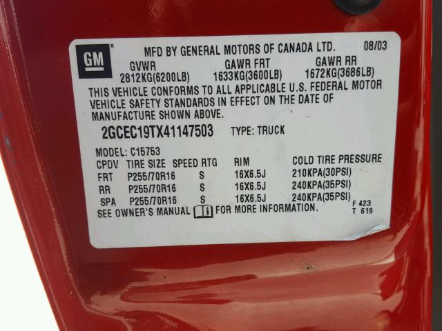 2GCEC19TX41147503 - 2004 CHEVROLET SILVERADO RED photo 10