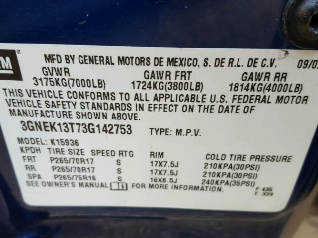 3GNEK13T73G142753 - 2003 CHEVROLET AVALANCHE BLUE photo 10