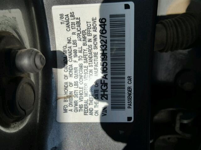 2HGFA16519H327646 - 2009 HONDA CIVIC LX GRAY photo 10