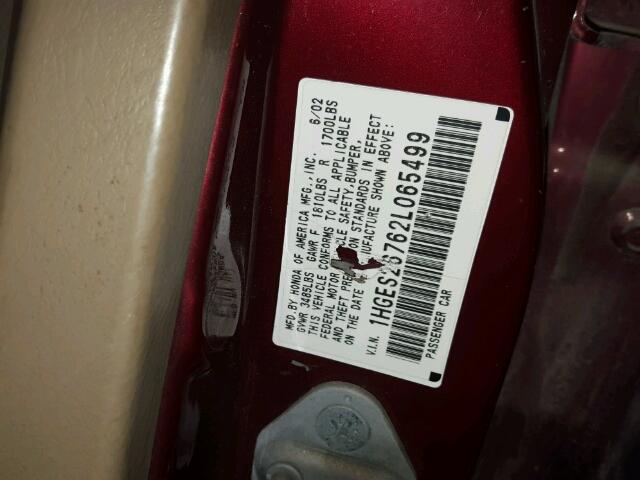 1HGES26762L065499 - 2002 HONDA CIVIC EX 红色 照片 10