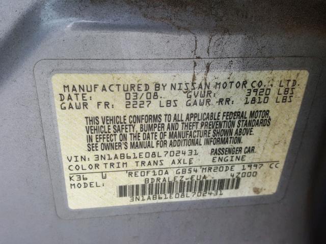 3N1AB61E08L702431 - 2008 NISSAN SENTRA 2.0 SILVER photo 10