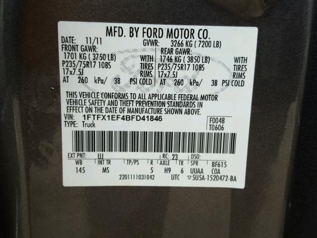 1FTFX1EF4BFD41846 - 2011 FORD F150 SUPER GRAY photo 10