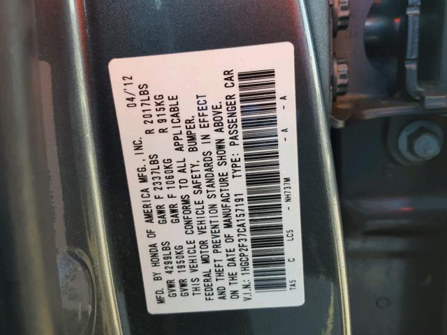 1HGCP2F37CA157191 - 2012 HONDA ACCORD LX GRAY photo 10