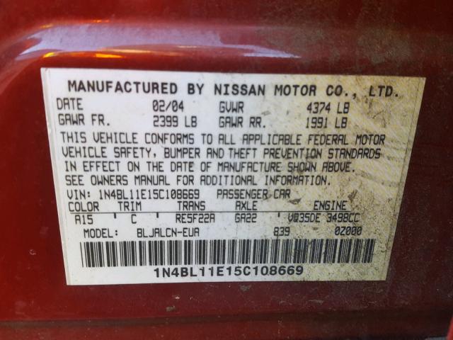 1N4BL11E15C108669 - 2005 NISSAN ALTIMA SE RED photo 10