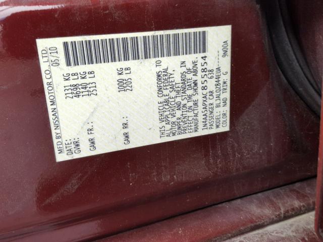 1N4AA5APXAC855854 - 2010 NISSAN MAXIMA S MAROON photo 10