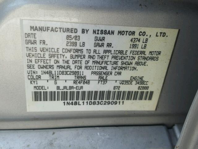 1N4BL11D83C290911 - 2003 NISSAN ALTIMA SE SILVER photo 10