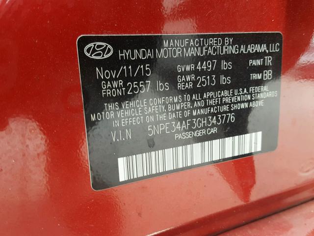 5NPE34AF3GH343776 - 2016 HYUNDAI SONATA SPO RED photo 10