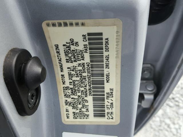 1NXBU40EX9Z165040 - 2009 TOYOTA COROLLA BA SILVER photo 10