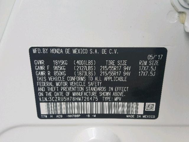 3CZRU5H78HM726475 - 2017 HONDA HR-V EXL WHITE photo 10