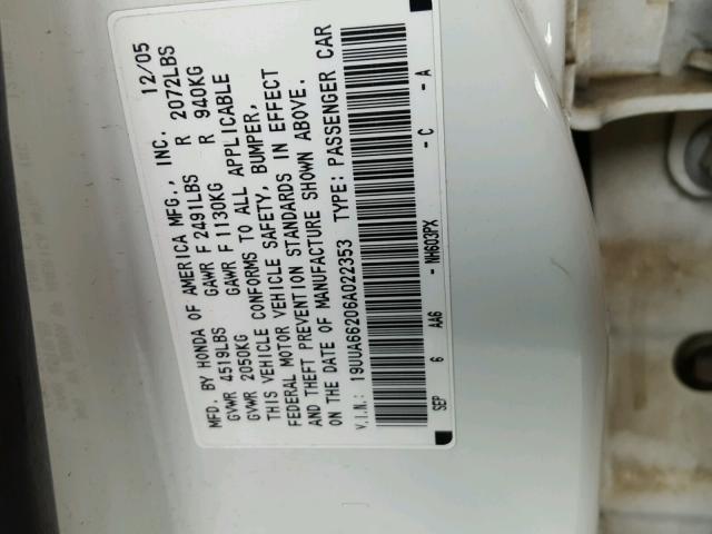 19UUA66206A022353 - 2006 ACURA 3.2TL WHITE photo 10