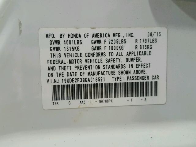 19UDE2F39GA018521 - 2016 ACURA ILX BASE WHITE photo 10