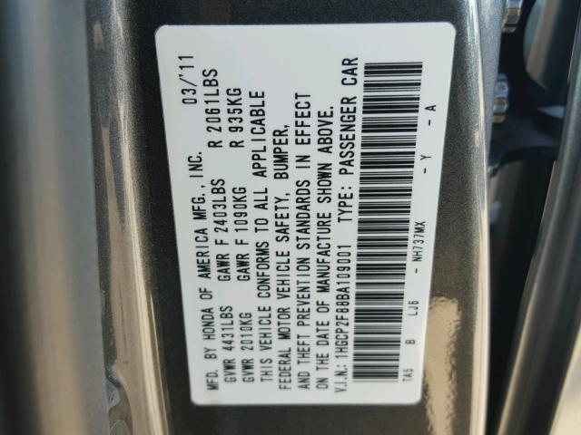 1HGCP2F88BA109001 - 2011 HONDA ACCORD EXL SILVER photo 10