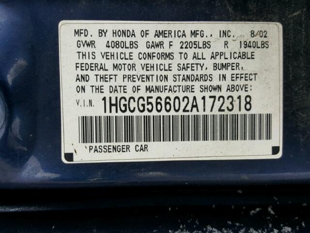 1HGCG56602A172318 - 2002 HONDA ACCORD EX BLUE photo 10