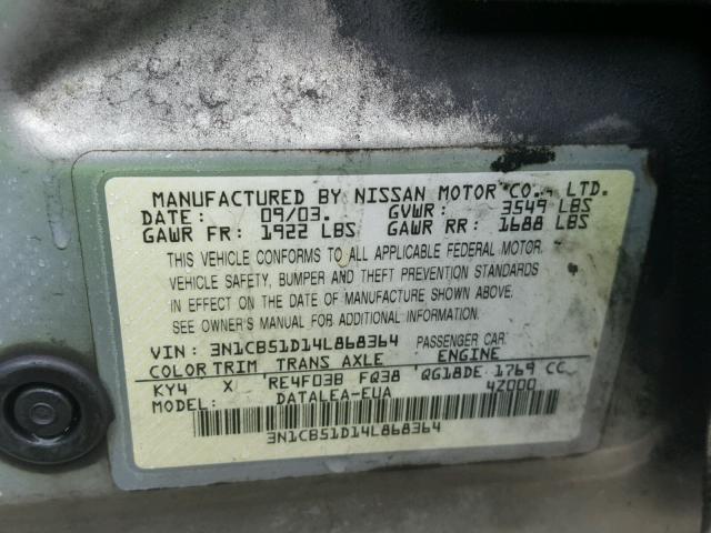 3N1CB51D14L868364 - 2004 NISSAN SENTRA 1.8 SILVER photo 10