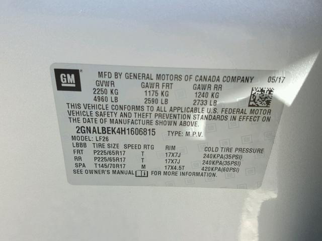 2GNALBEK4H1606815 - 2017 CHEVROLET EQUINOX LS SILVER photo 10