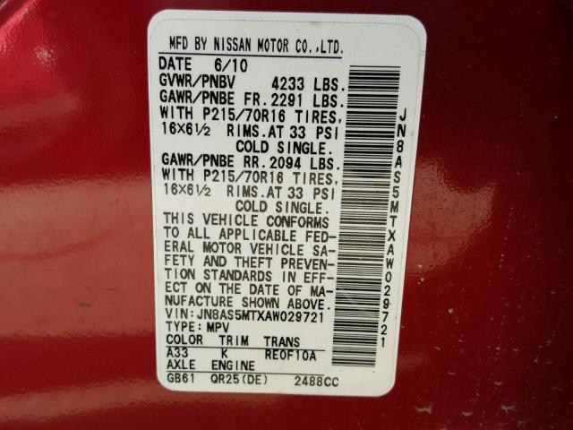 JN8AS5MTXAW029721 - 2010 NISSAN ROGUE S RED photo 10