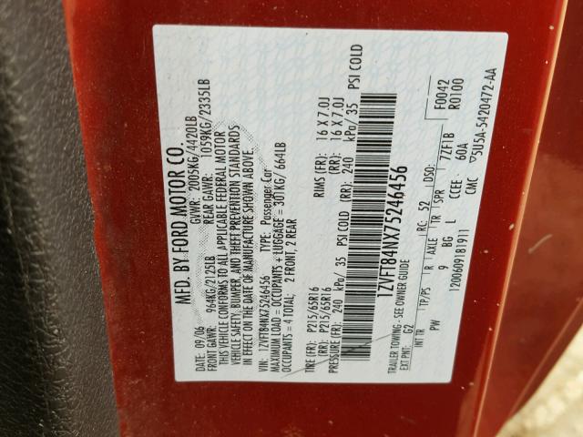 1ZVFT84NX75246456 - 2007 FORD MUSTANG RED photo 10