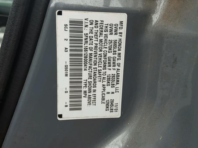 5FNRL18612B000414 - 2002 HONDA ODYSSEY EX GRAY photo 10