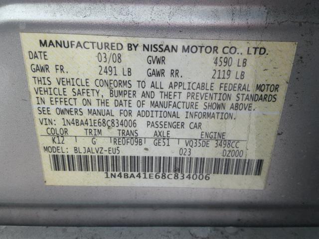 1N4BA41E68C834006 - 2008 NISSAN MAXIMA SE GRAY photo 10