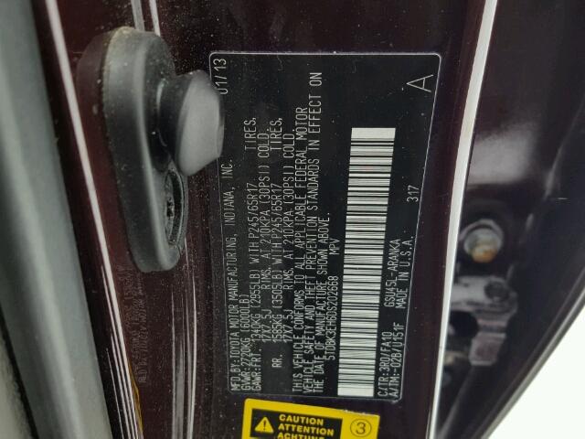 5TDBK3EH6DS202668 - 2013 TOYOTA HIGHLANDER BURGUNDY photo 10