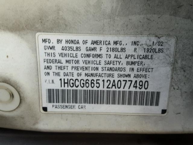 1HGCG66512A077490 - 2002 HONDA ACCORD LX WHITE photo 10