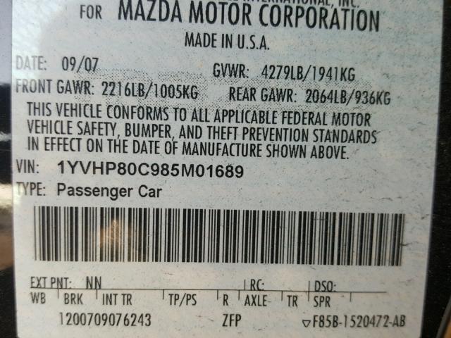 1YVHP80C985M01689 - 2008 MAZDA 6 I BLACK photo 10