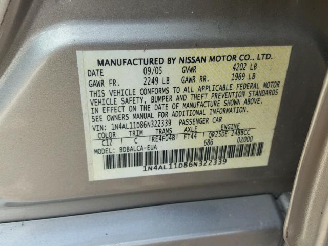 1N4AL11D86N322339 - 2006 NISSAN ALTIMA S GOLD photo 10