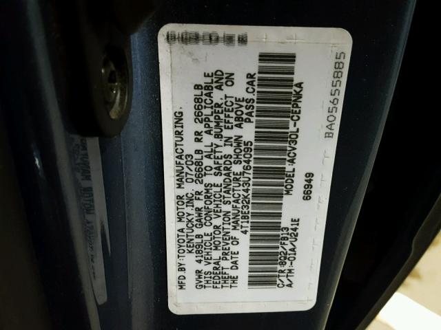 4T1BE32K43U764095 - 2003 TOYOTA CAMRY LE BLUE photo 10